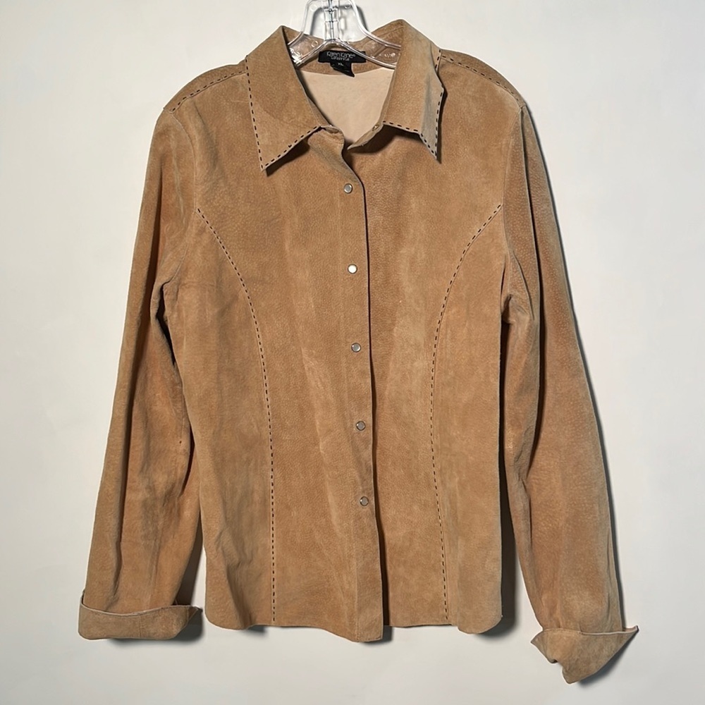 Karen Kane Suede Button-Up Shirt Jacket in Tan